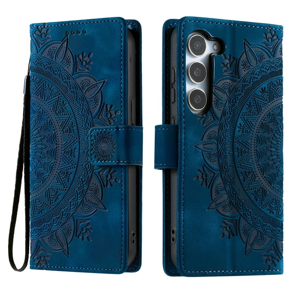 For Samsung Galaxy S26 Phone Case,With Wrist Strap,Anti-Scratch Embossment PU Leather Flip Folio Kickstand,Card Holder,Shockproof Anti-fall Non-Slip Durable Wallet Phone Case,Blue