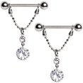 thumbnail image 1 of 14GA Dangling Chain with Two Round Gems 316L Surgical Stainless Steel Nipple Barbell Rings, Sold as a Pair, 1 of 2