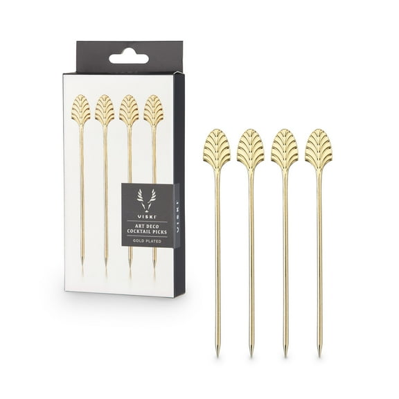 Viski Art Deco Stainless Steel Cocktail Picks for Olives, Set of 4, Gold