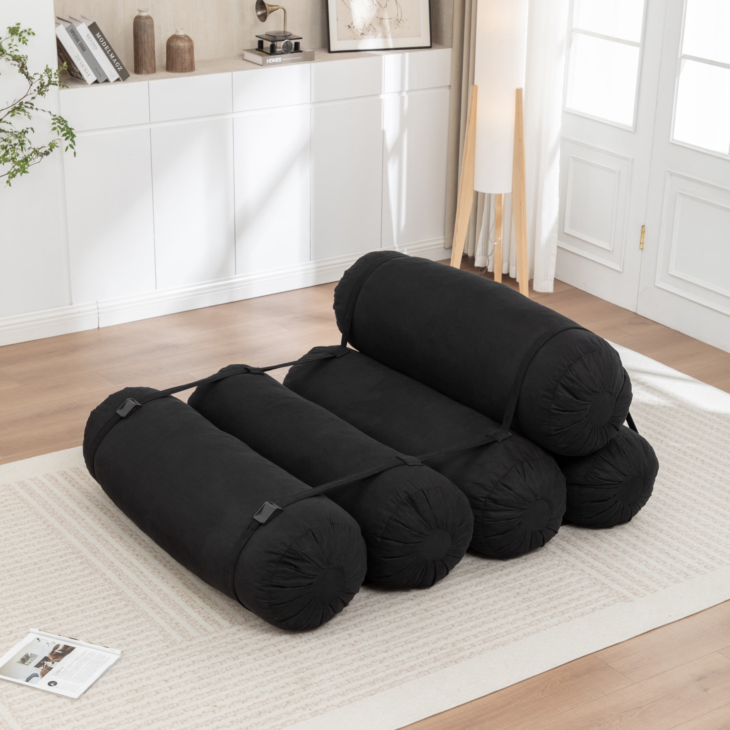 Adjustable Floor Sofa, Corduroy Lazy Sofa Chair with Adjustable Straps, Modular Floor Couch for Living Room Bedroom Dorm, Black