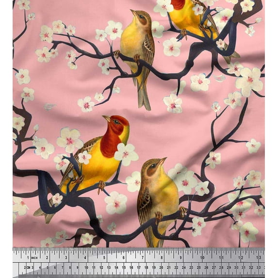 Soimoi Orange Moss Georgette Fabric Fish,Bird & Yacht Bird Decor Fabric Printed BTY 42 Inch Wide