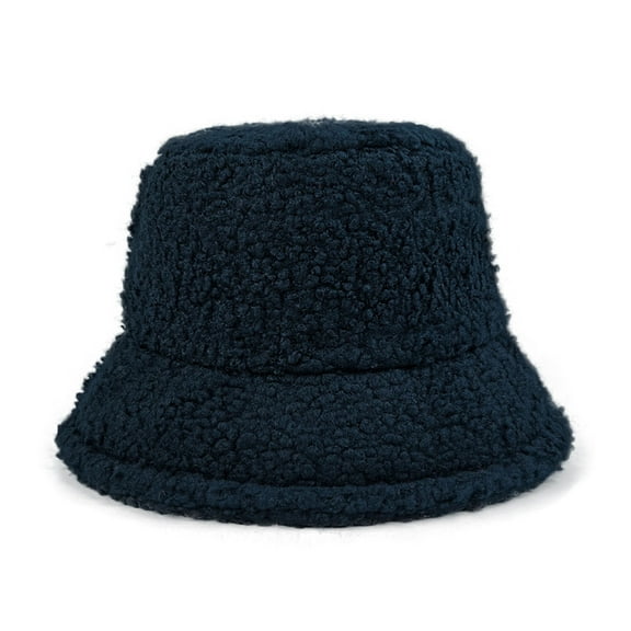 BLTIBY Fuzzy Bucket Hat for Women Furry Fur Bucket Hat Winter Warm Plush Fisherman Fluffy Sherpa Bucket Hats Navy M