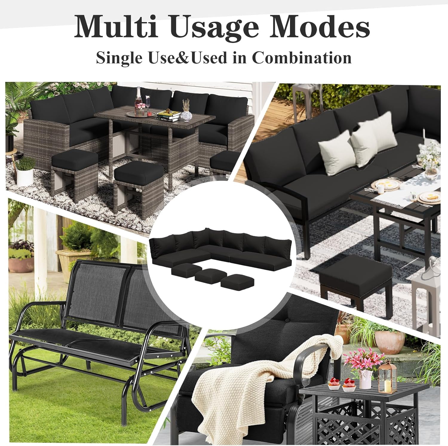 AECOJOY Outdoor Patio Furniture Cushions, 4-Inch Memory Foam Replacement Cushions for 7-Seat Sectional Wicker Conversation Set, Black