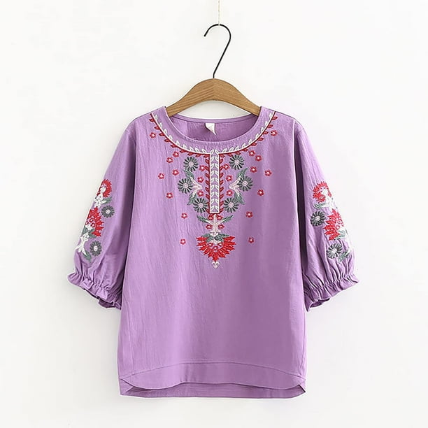 Fiudx Liquidación de Ofertas Flash Camiseta Holgada Informal de Color para Primavera y Verano para Mujer, Tops Bordados de Manga Corta con Cuello Redondo, Blusa de Algodón y Lino
