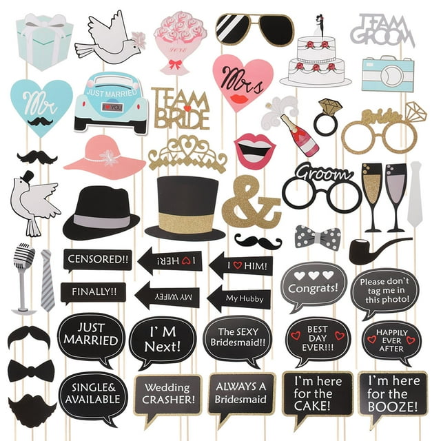 MasteelfCA 53pcs Wedding Party Photobooth Props Beard Lips Party Decorations Camera Cocktail Photo Booth Props