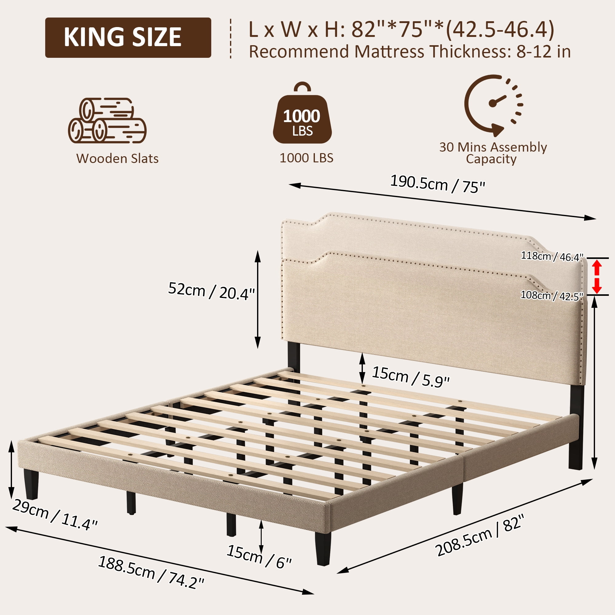 Pingliang Home King Size Bed Frame with Adjustable Headboard, Rivet Decoration Upholstered Headboard, Easy to Assemble, Noise Free,Beige