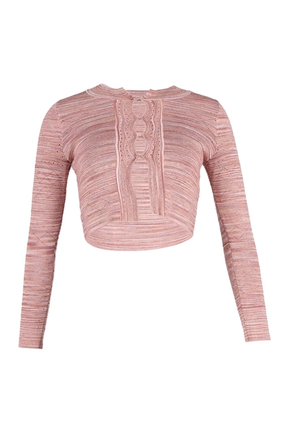 Pre-Owned Sandro Striped Cropped Cardigan in Pink Viscose