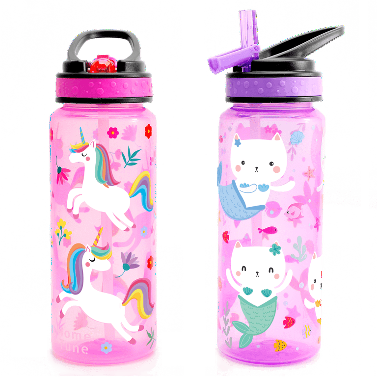 Home Tune 23oz Kids Water Drinking Bottle - BPA Free, Push-button, Flip Lid, Carry Loop Lightweight, Leak-Proof Water Bottle with Cute Design for