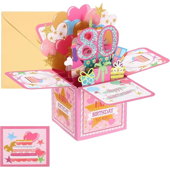 PATIKIL 80th Birthday Card, Pop-Out Birthday Card Funny Happy Birthday Card Sweet 3D with Greeting Card and Envelope for Women Girl Boy Mom Gift Best Friend Decorations, Pink