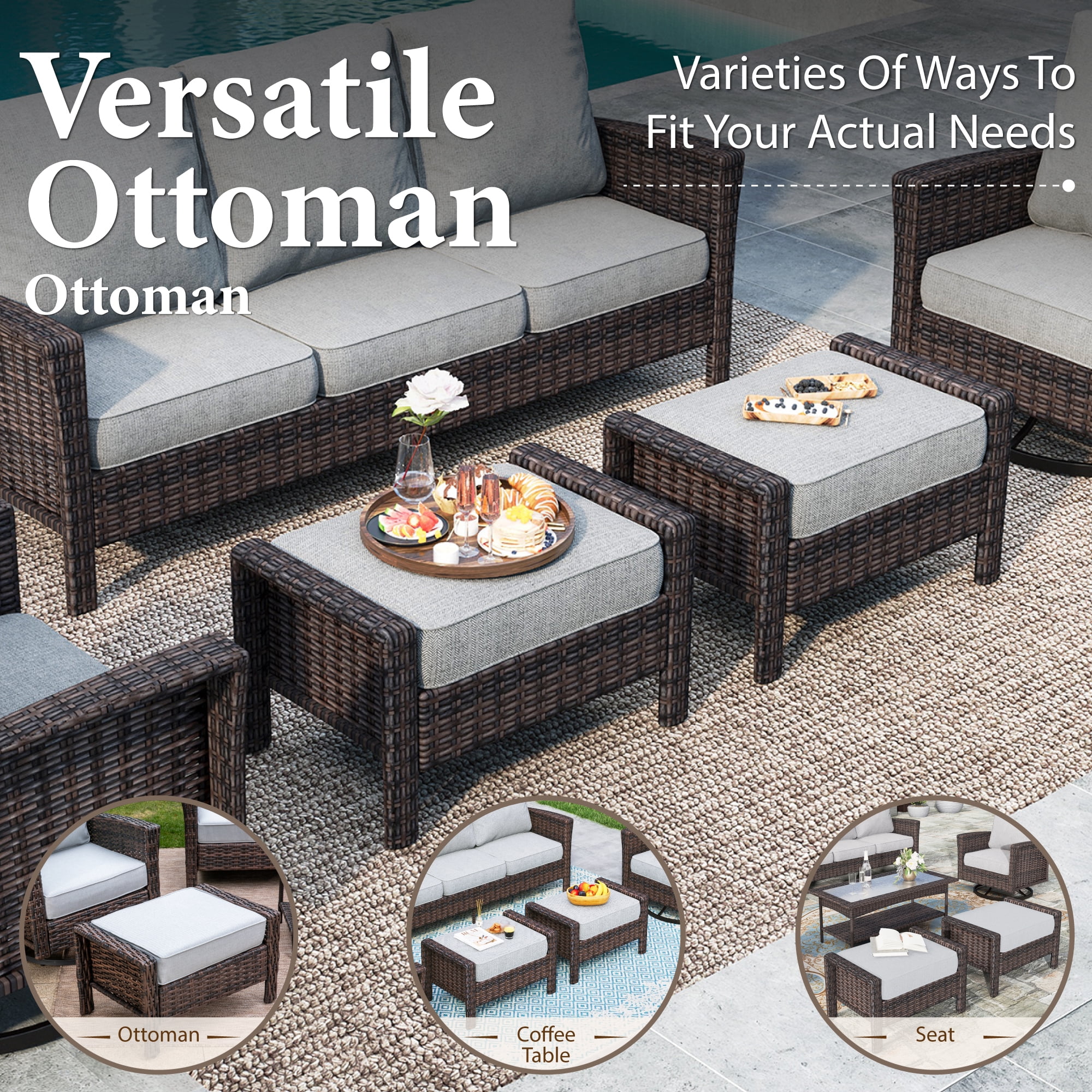 SUMMIT LIVING 7-Seat Wicker Outdoor Patio Furniture Set with Swivel Chairs & Ottomans, Metal Sectional Patio Conversation Set, Light Gray