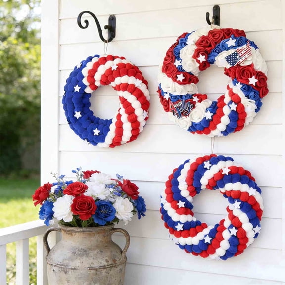 AZXY 13.78" Patriotic Rose Wreath, Red White Blue Roses with White Stars & 4th of July Sign, 4th of July Decor for Front Door