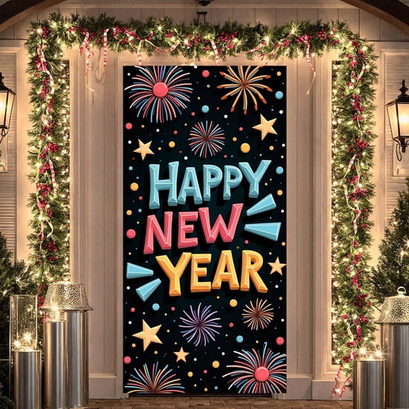 Colorful Happy New Year Banner 3D Letters Festive Backdrop Fireworks Stars Holiday Display for New Year Party Holiday Celebration New Year Eve Event