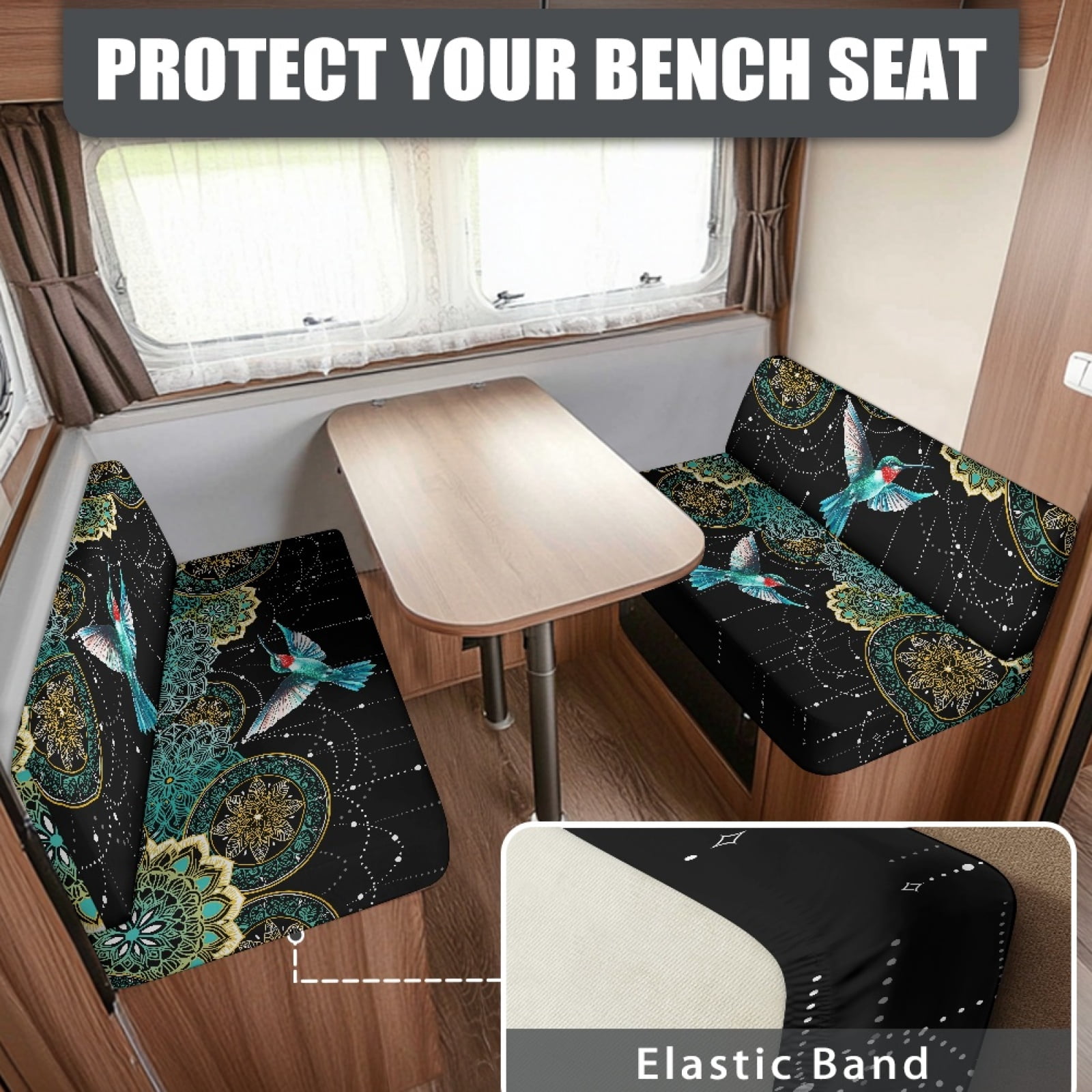 FOR U DESIGNS Boho Mandala Hummingbird Pattern 2 Pcs RV Dinette Cushion Covers Breathable Camper Cushion Slipcover Stretch 2 Seat Sofa Chair Cover Camper Seat Covers Dinette Booth