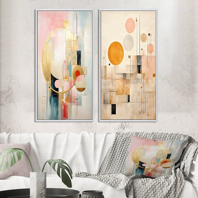 Designart "Retro Dreams Golden City II" Modern Geometric Framed Wall Art Set Of 2 - Modern Pink Frame Gallery Set For Office Decor