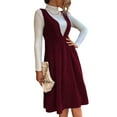 thumbnail image 3 of Women V Neck Corduroy Overall Dress Fall Mini Pinafore Jumper Dress Red M, 3 of 9