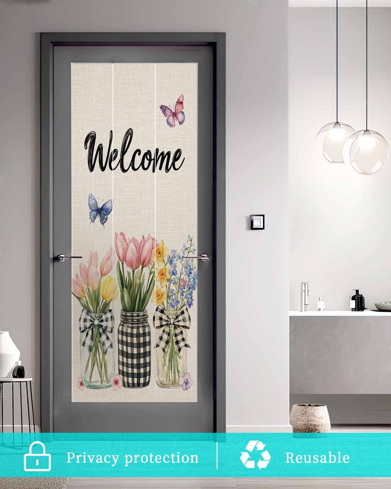 Window Privacy Film Spring Flowers Stained Glass Window Film Decorative Sun Block Window Cover Vintage Farmhouse Tulip Botanical Window Clings Static Adhesive Sticker for Bathroom 19.6"x39.3"