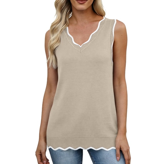 Admvng Womens Scallop Trim V-Neck Knit Tank Top Sleeveless Vest Casual Lightweight Camisole