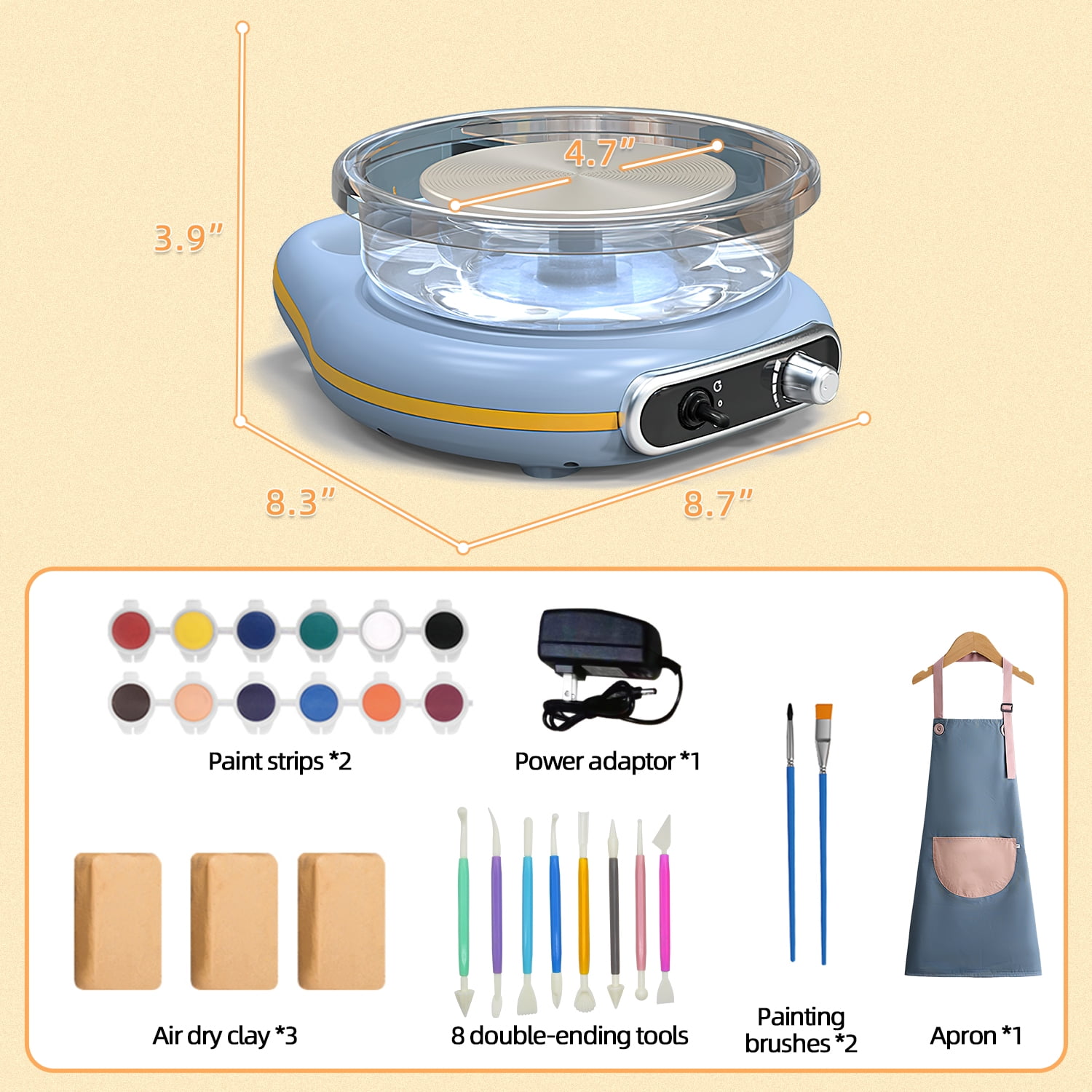 Mini Pottery Wheel Kit, 4.7" Turntable Electric Clay Wheel with Apron, Adjustable Speed Ceramic Making Pottery Machine, DIY Craft Kits for Kids