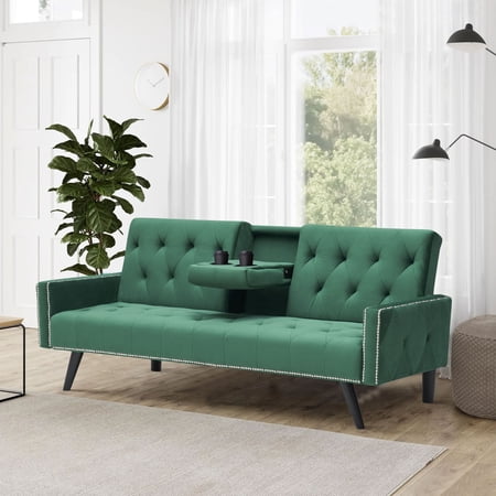 Holaki 72" Velvet Tufted Sofa Bed Armrest with Nail Head Trim and Two Cup Holders for Apartment, Green