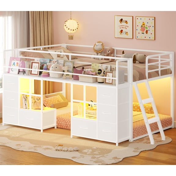 Plonmago Low Bunk Bed Twin Over Twin with 8 Fabric Drawers & Bookshelf, Twin Bunk Beds with RGB LED Lights, Windows, Metal Bunk Beds with Slanted Ladder & Safety Guardrails, Space Saving,White