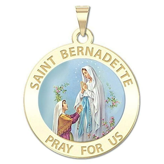 PicturesOnGold.com Saint Bernadette Religious Medal Necklace Pendants Color - 2/3 inch Size of Dime, Solid 14K Yellow Gold