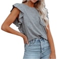 thumbnail image 1 of Pompotops Mode Femmes Décontracté Col Rond Double Couche Poche à Volants Manches Courtes Pull T-Shirt Blouse, 1 of 4