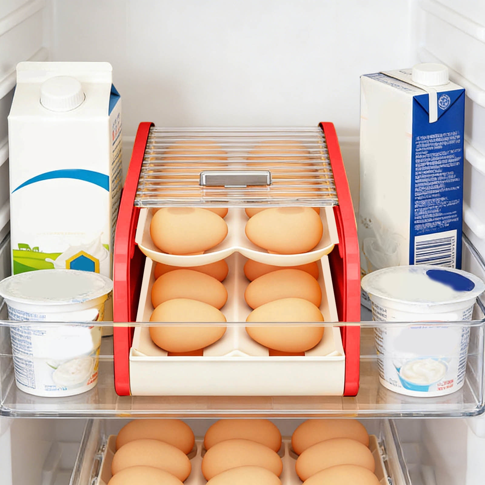Refrigerator Egg Storage Rack Organizer - Automatic Rolling Rotating Egg Holder, Space Saving Expandable Kitchen Fridge Shelf for Eggs & Food Containers