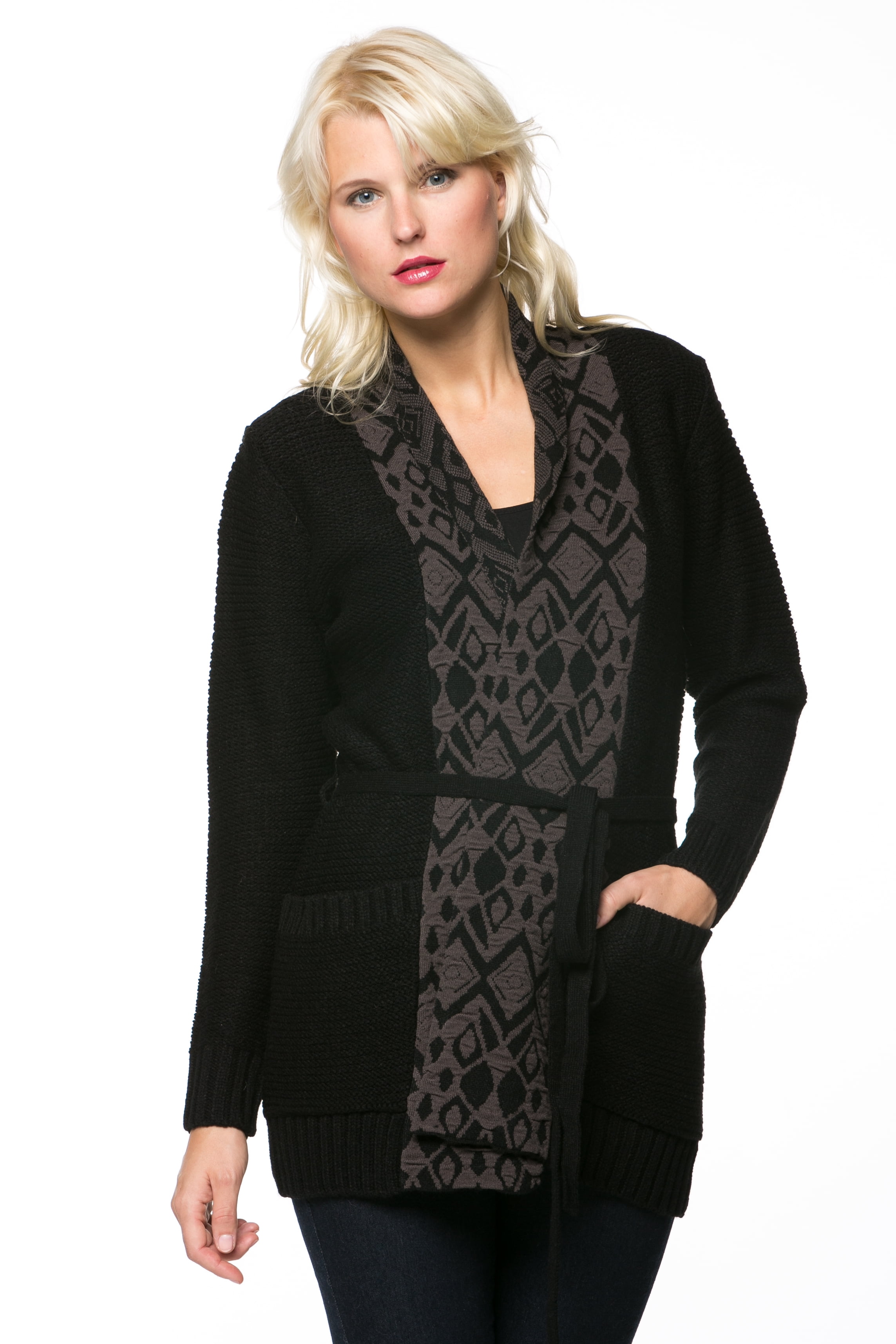Gray Knit Open Belted Cardigan Sweater 