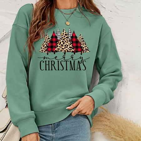 

jsaierl Womens Christmas Sweatshirts Round Neck Long Sleeve Shirts Tree Print Tops Fashion Going Out Blouse Tee Pullover Christmas Gifts for Women