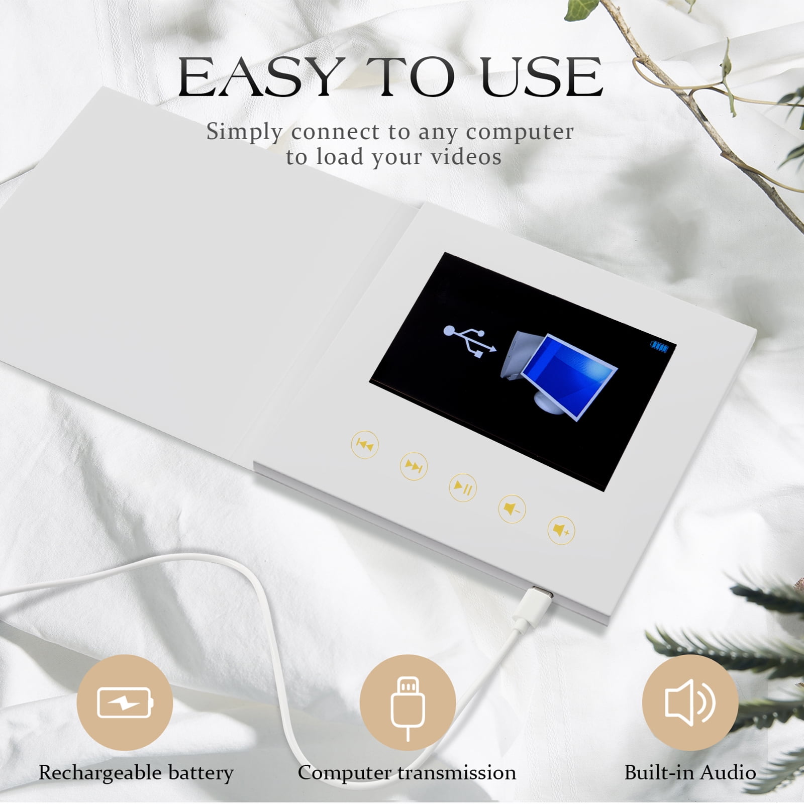 Sourcingbay 7 inch IPS Video Greeting Card, Linen Cover, 5 inch Photo Window, 4GB Memory, Rechargeable Battery