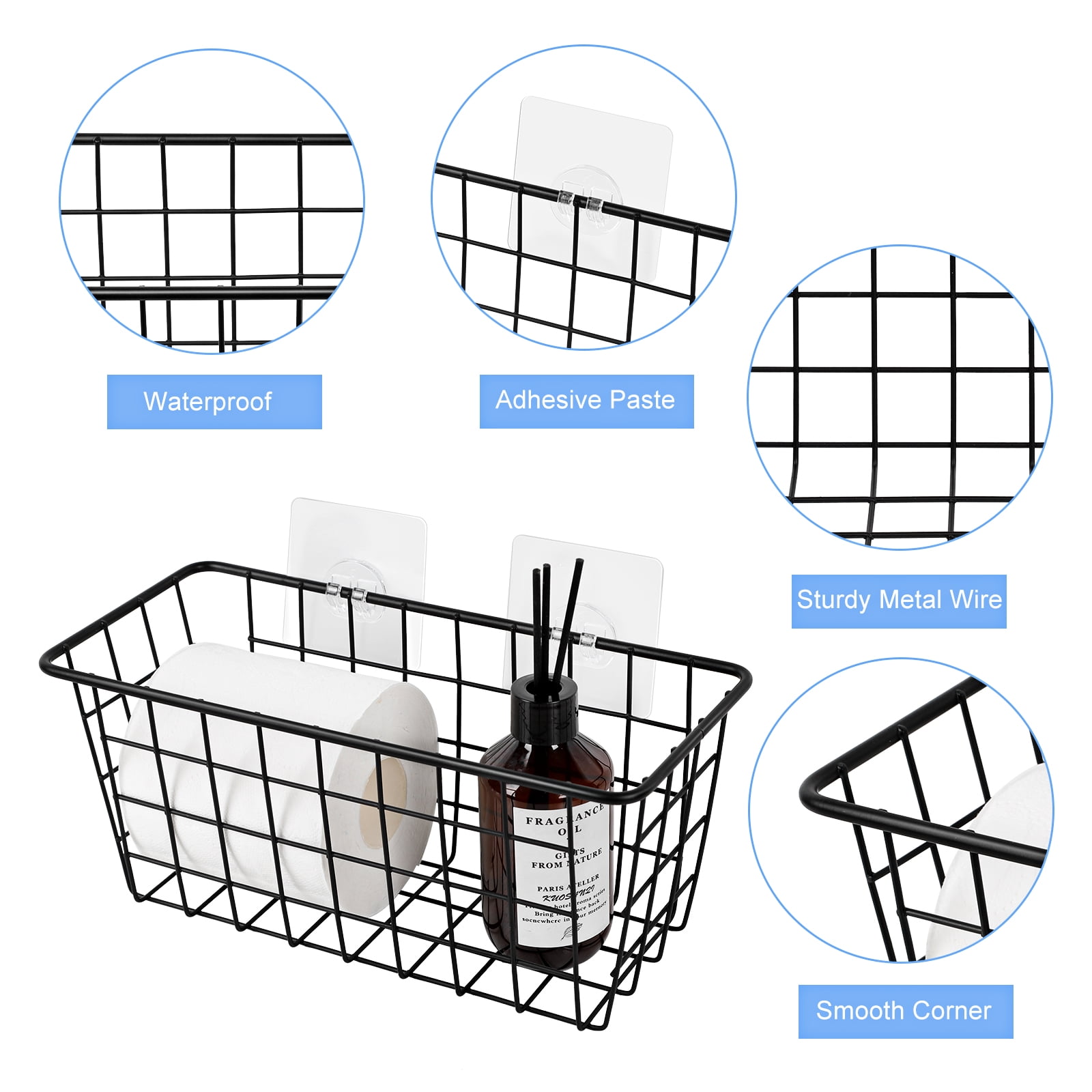 NEX Hanging Metal Storage Basket No Drilling Wall Mounted, Black, Set of 2