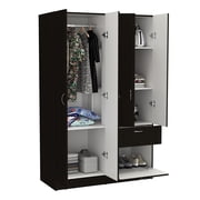 Depot E-Shop Itaca Armoire with 2 Double Door Cabinets, Drawer, 5 Interior Shelves, Lower Cabinet, and Hanging Rod, Black / White