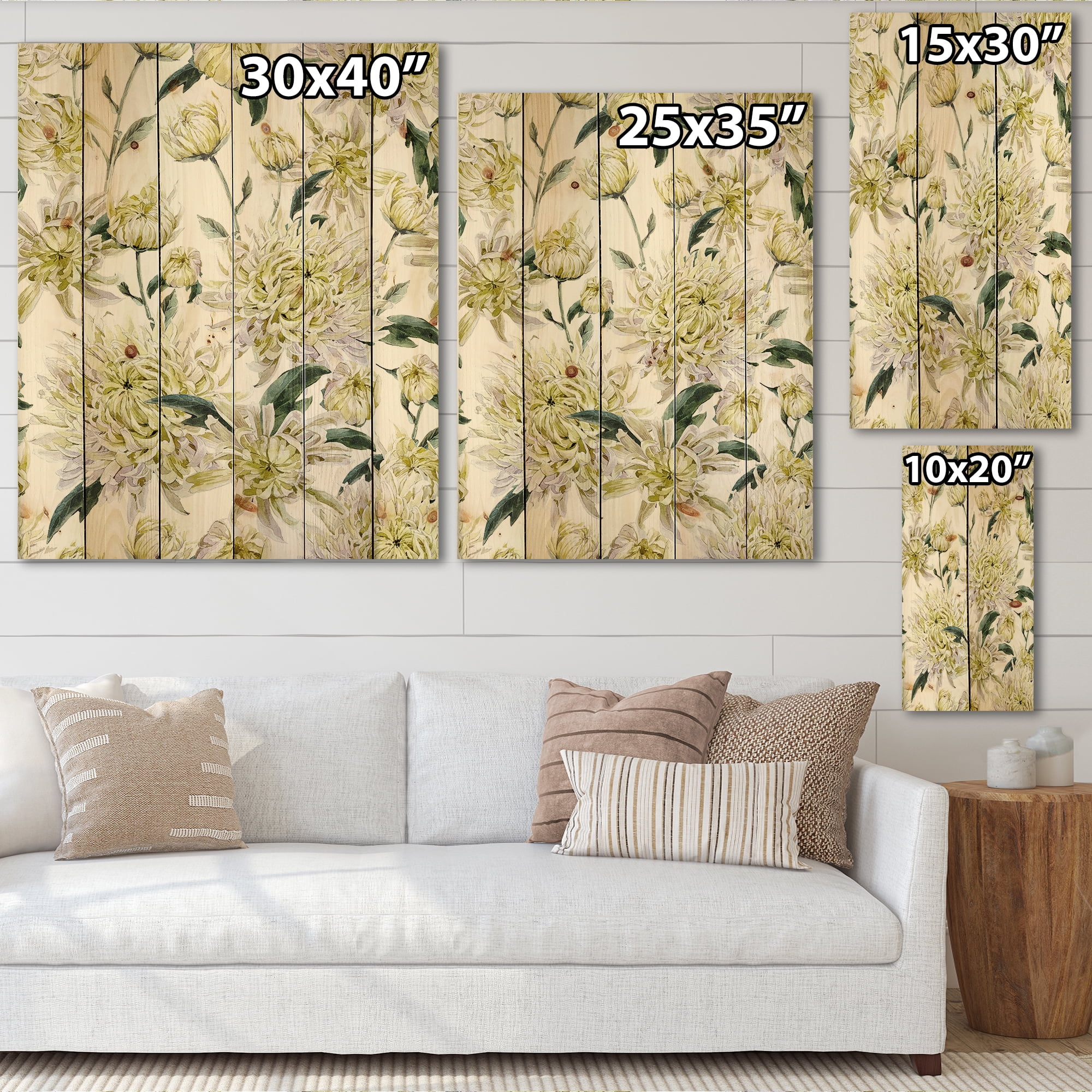 Designart 'Ancient Yellow Chrysanthemus I' Traditional Print on Natural Pine Wood