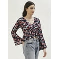 thumbnail image 4 of DressBerry Women's Printed Viscose Rayon Clinched Waist V Neck Crop Top Long Bell Sleeves Flared Hem with Front Tie-ups Casual Wear High Waist Regular Short Blouse, 4 of 7