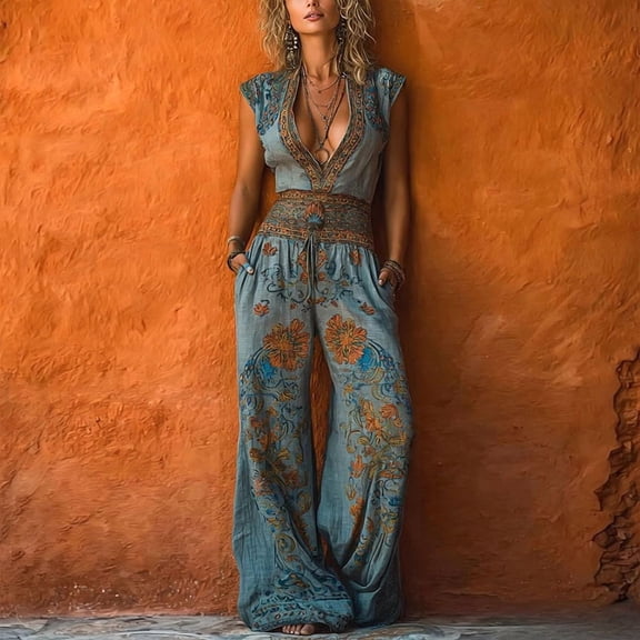 Morttic Women's Cap Sleeve V-Neck Printed Drawstring High Waist Wide Leg Long Jumpsuit with Pockets Boho Vacation Beach Wear Blue,S