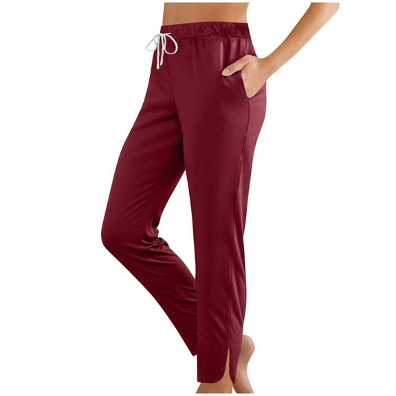 ZHYou Womens Jogger Pants,Slim Fit,Drawstring Elastic Waist,Soft Comfy,Side Split Trousers,with Pockets,Red,Size L