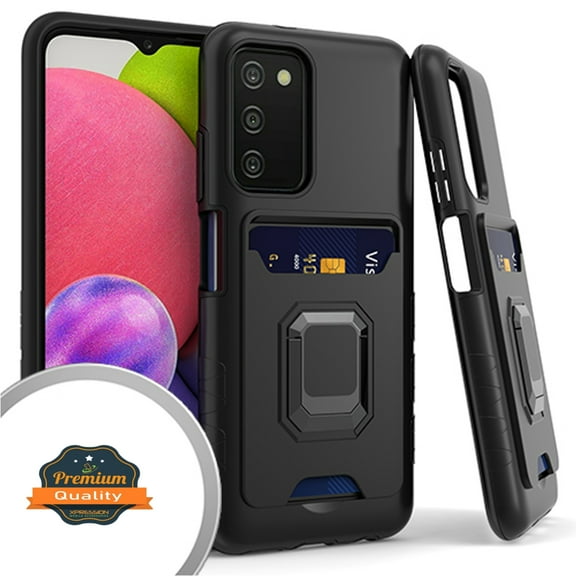 Xpression Case for Samsung Galaxy A03s (2022) Wallet Credit Card Slot Holder with Metal Ring Kickstand Shockproof Hybrid Dual Layer Stand Phone Cover [Black]