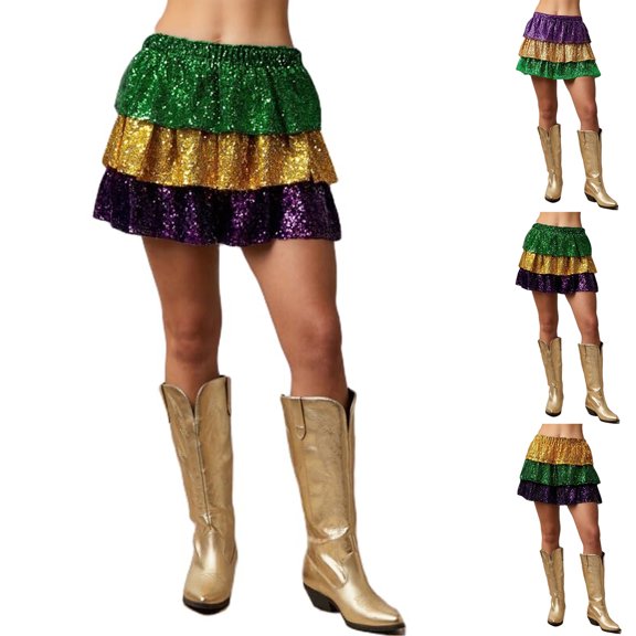 Women Mardi Gras Sequin Mini Skirts Ruffled Sparkly Colorful Short Skirts High Waist Shiny Glitter Carnival Skirt - Sequin Tiered Skirt Elastic Waist Glitter Ruffled Layered Mini Skirt Gold L