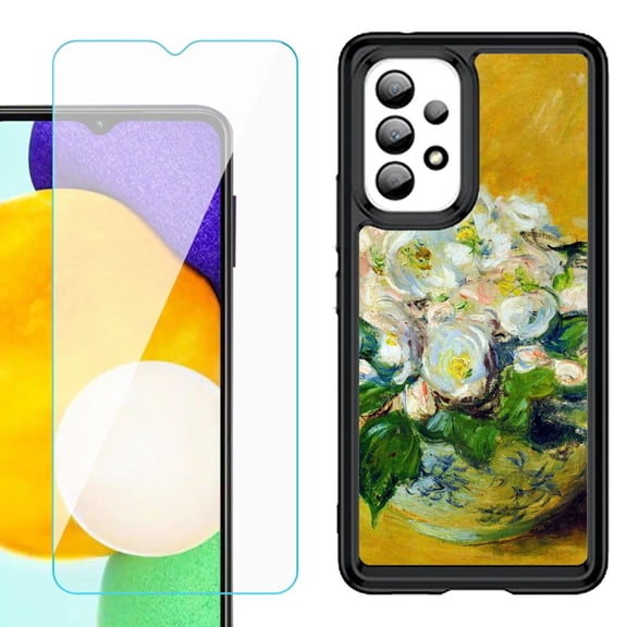 Shockproof Bumper (Black Frame) phone Case for Samsung Galaxy A23 5G, with Tempered Glass Screen Protector, by OneToughShield ® - Roses