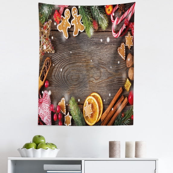 Gingerbread Man Tapestry, Christmas Frame with Spices Biscuits Elements on Table Art Print, Fabric Wall Hanging Decor for Bedroom Living Room Dorm, 5 Sizes, Multicolor, by Ambesonne