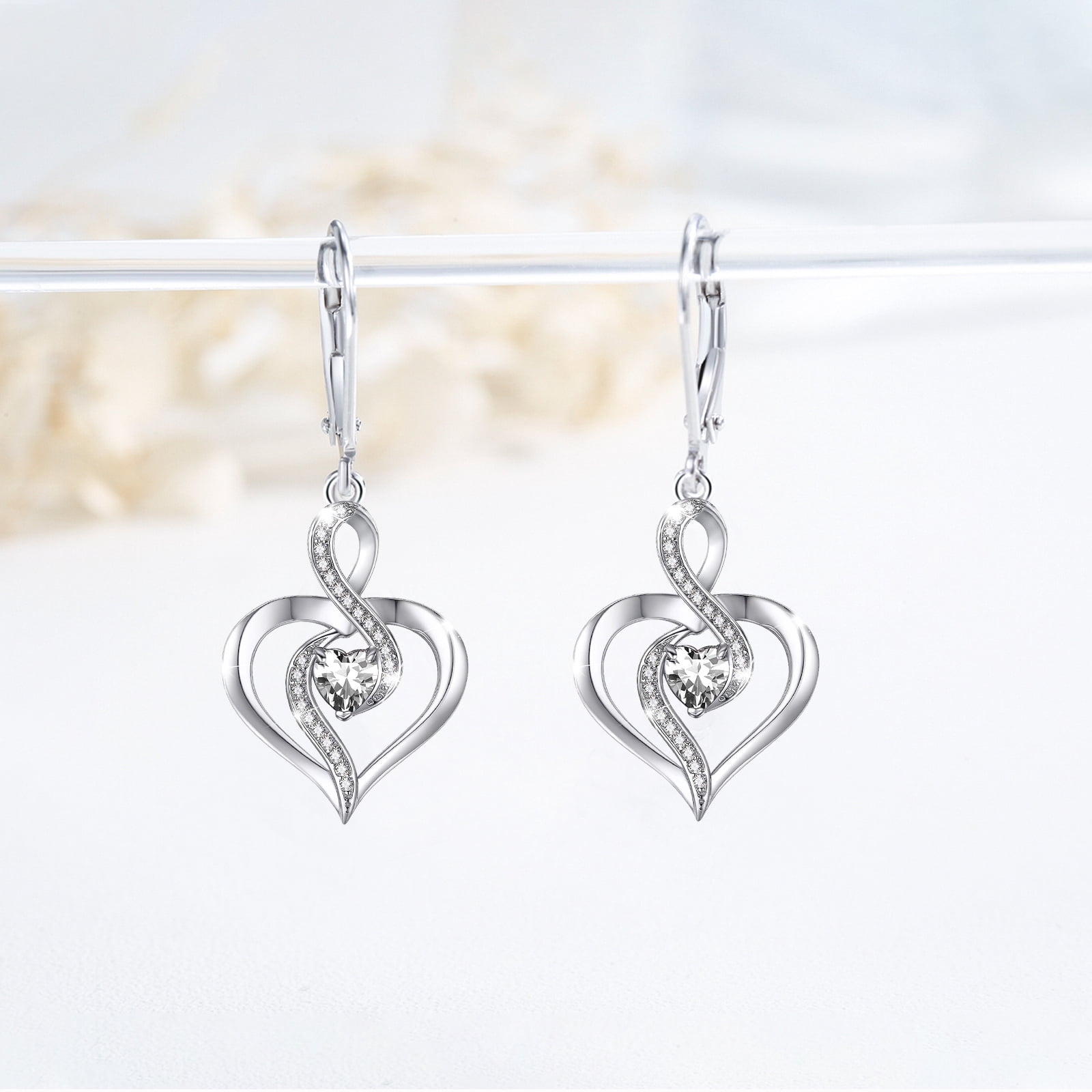Coachuhhar Heart Leverback Earrings 925 Sterling Silver Infinity Birthstone Dangle Drop Earrings Love Heart Jewelry Birthday Gift for Women