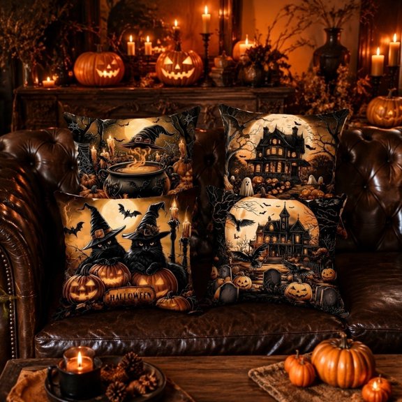 4 Pack Fall Pillow Covers Set Halloween Fall Decorations Sofa Couch Pillow Covers Square Pillow Covers 18x18 for Farmhouse Halloween Pumpkin Pillowcase Decorative Throw Pillow Covers Cushion Cases