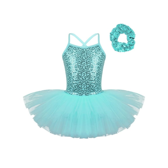 Haitryli Kids Girls Sequins Ballet Tutu Jazz Latin Dance Dress with Hair Scrunchie Ballroom Dancewear Turquoise 3-4