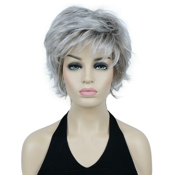 Short Layered Shaggy Wavy Full Synthetic Natural looking Heat Resistant Wig for Women, Ombre Light Gray with Dark Roots