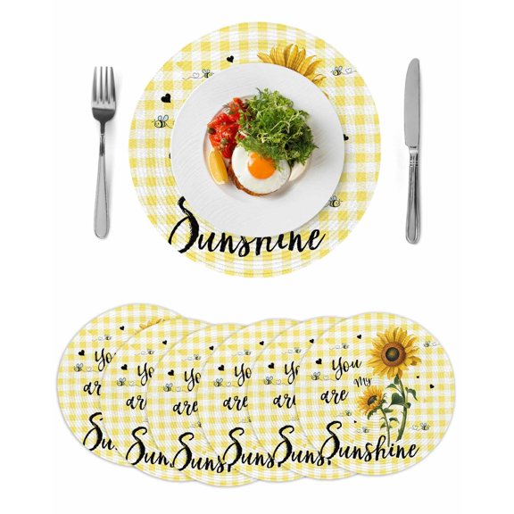 Sunflowers Round 13 Inch Placemats Set of 6, Spring Summer Bees Floral Yellow Plaid HeatResistant Non Slip Place Mats for Dining Table, Wipeable Braided Kitchen Table Mats for Housewarming