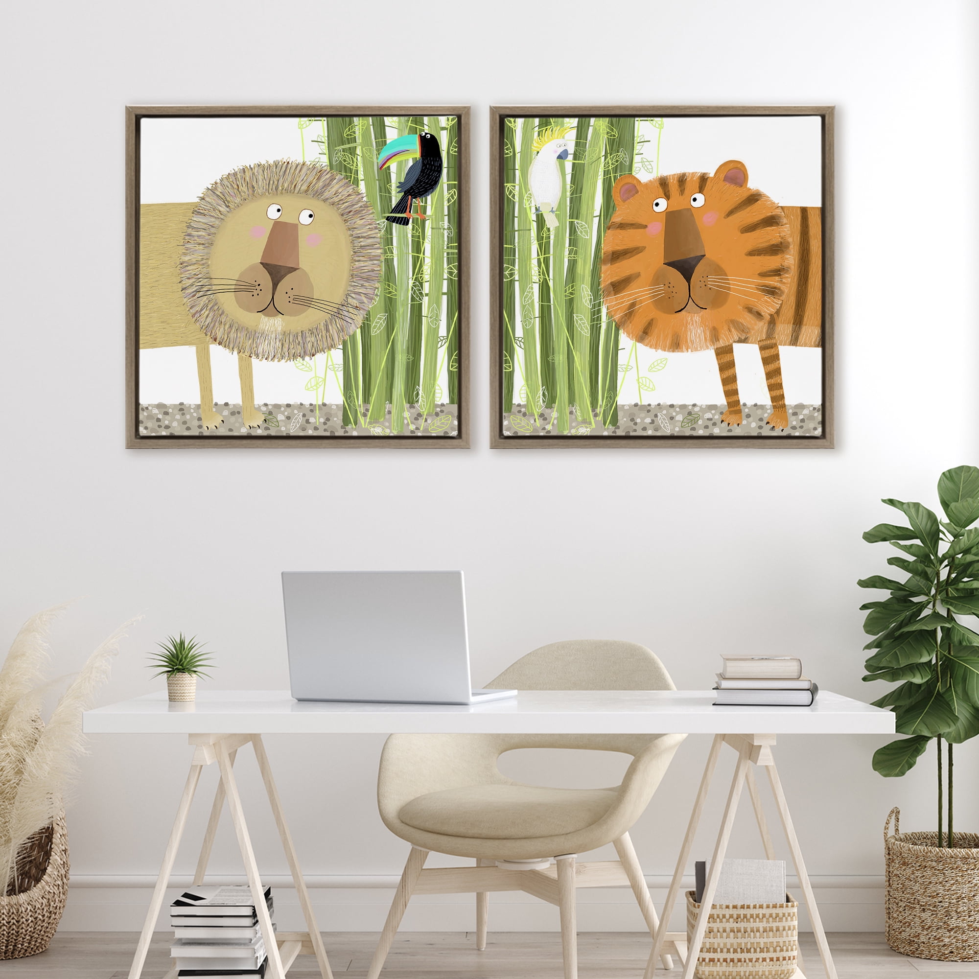 Stupell Industries Bamboo Trees & Animals 2 Piece Brown Framed Floater Canvas Set, design by Carla Daly
