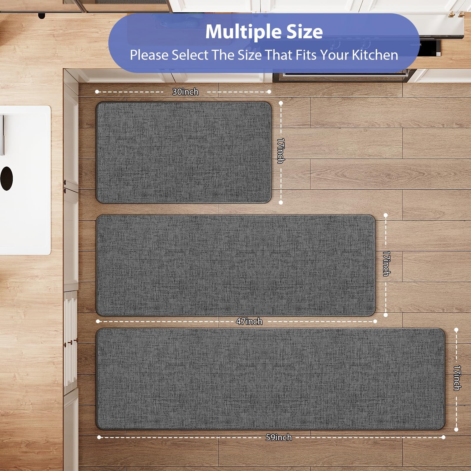 Non Slip Kitchen Rugs Mat Washable Linen-Like Thin Kitchen Mats for Floor, Rubber Backing Absorbent Stain Resistant Standing Floor Mat Front of Sink Laundry, Easy Clean, Dark Gray 17"x30"