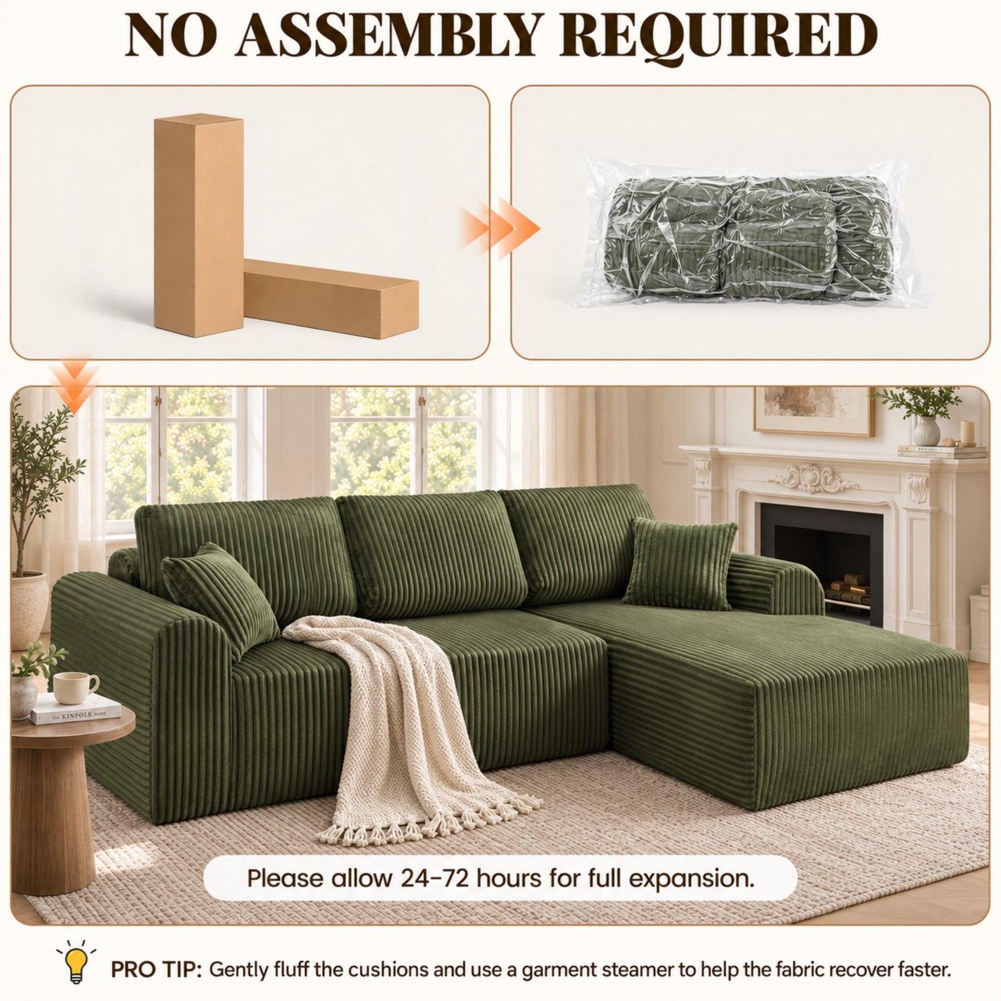 DEALTOPS 109" Corduroy L-Shape Floor Cloud Couch, Deep Seat Modular Sectional Sofa, Right Chaise, Green