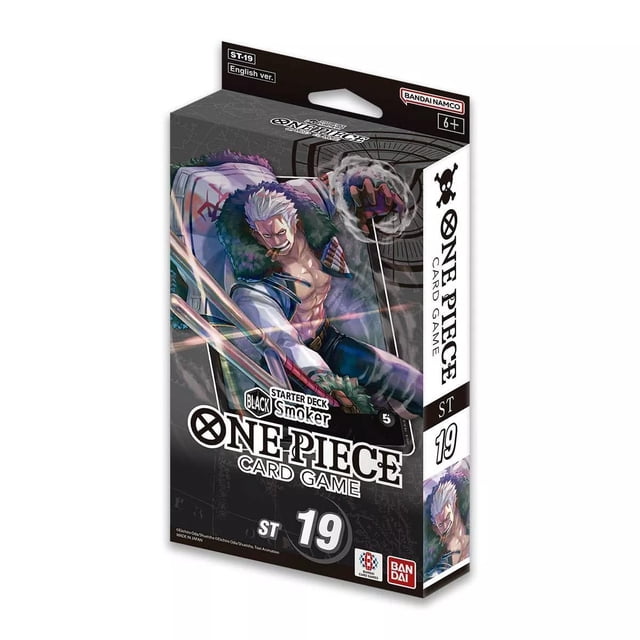juego de cartas coleccionables starter deck one piece smoker black ST19 con empaque frontal vertical, ilustración dinámica de Smoker, logotipo 'ONE PIECE CARD GAME', sello 'ST 19' y marca Bandai; baraja de inicio negra lista para jugar.