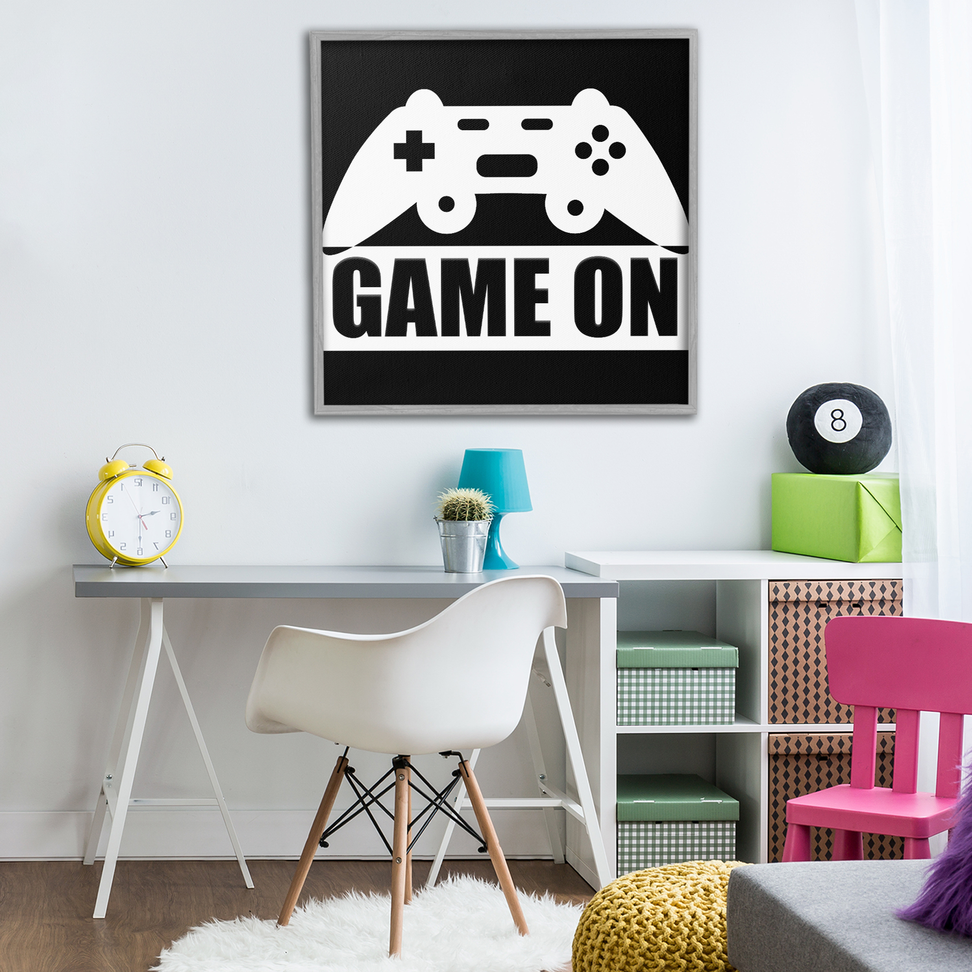 Game On Retro Black & White Gray Framed Giclee Art, design by Kim Allen